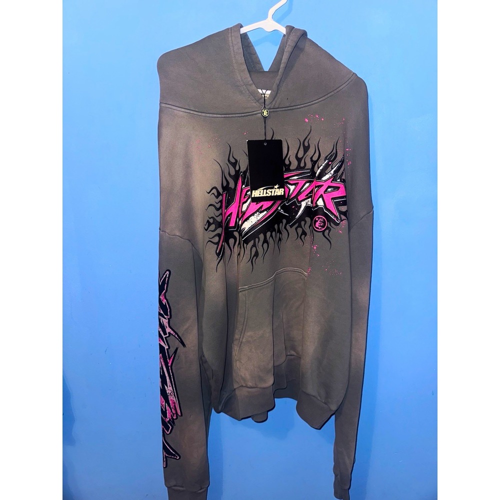 Hellstar Future Flame Graphic Logo Cotton Pullover Hoodie Gray Pink Sz M FW23